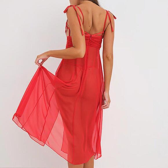 For Love & Lemons Berry Red Anika Midi Slip Dress Size S NWT Rosette Mesh - Picture 5 of 12